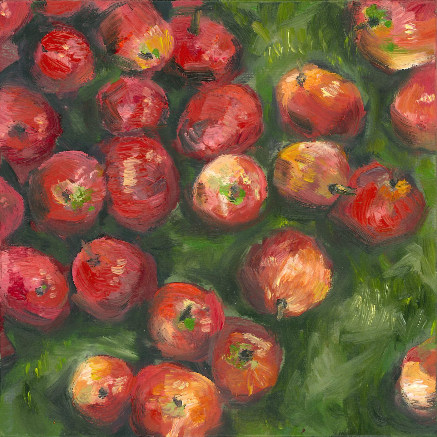 Oil painting of a cluster of red and gold apples on the tree
