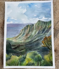 Watercolor of a green Hawaiian mountain ridge overlooking the ocean