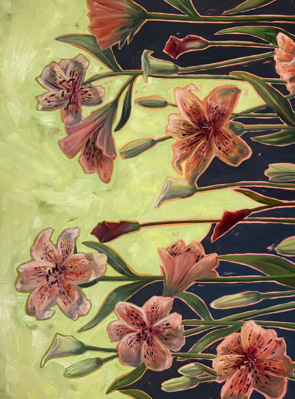 Oil painting of pink and orange stargazer lilies against a dark background