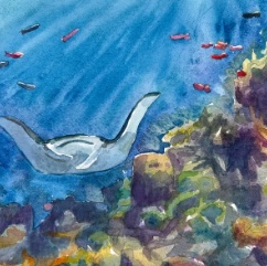 Watercolor of a manta ray swimming over a coral reef