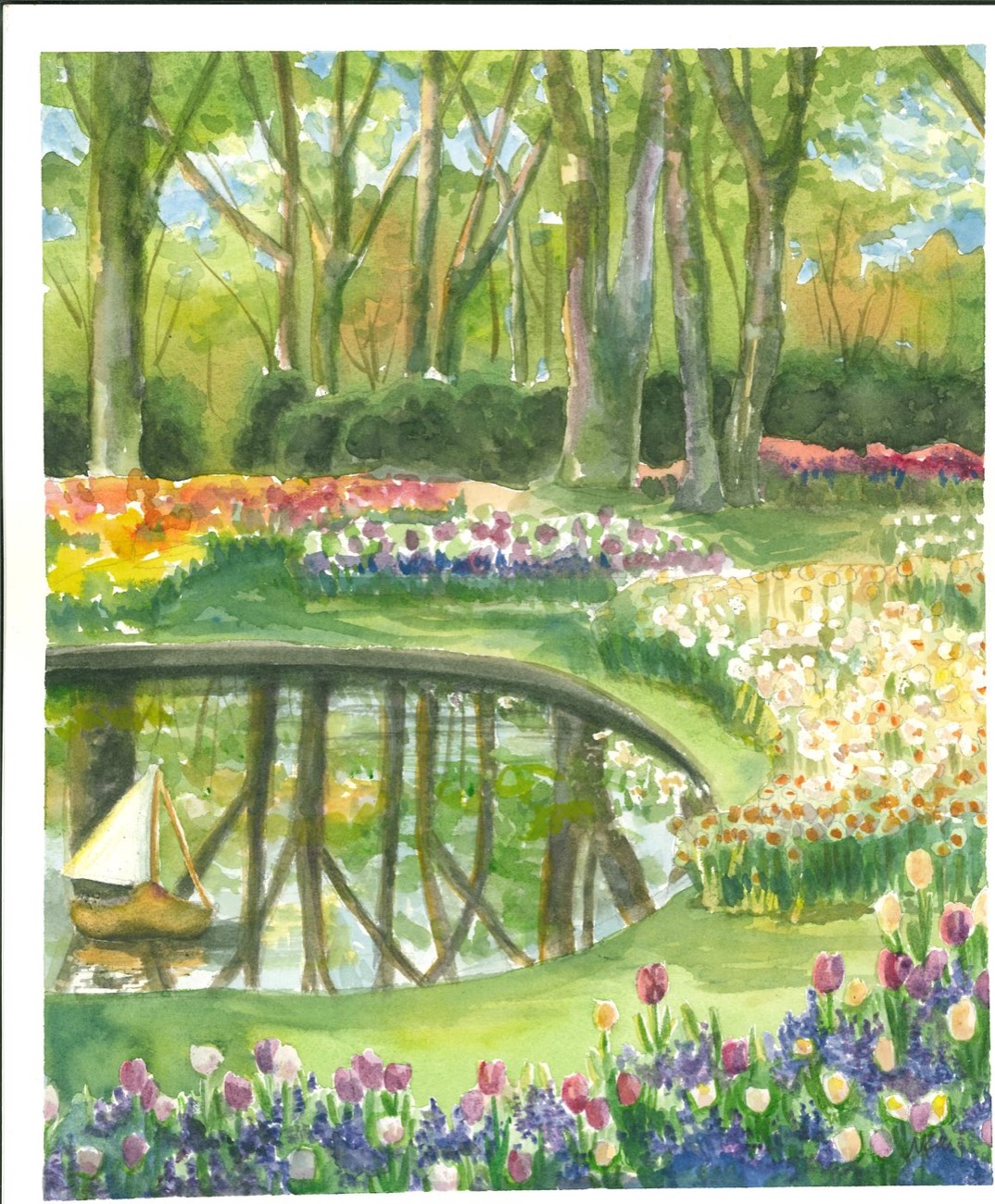 Watercolor of a spring garden in full bloom with tulips, delphiniums and a wooden footbridge
