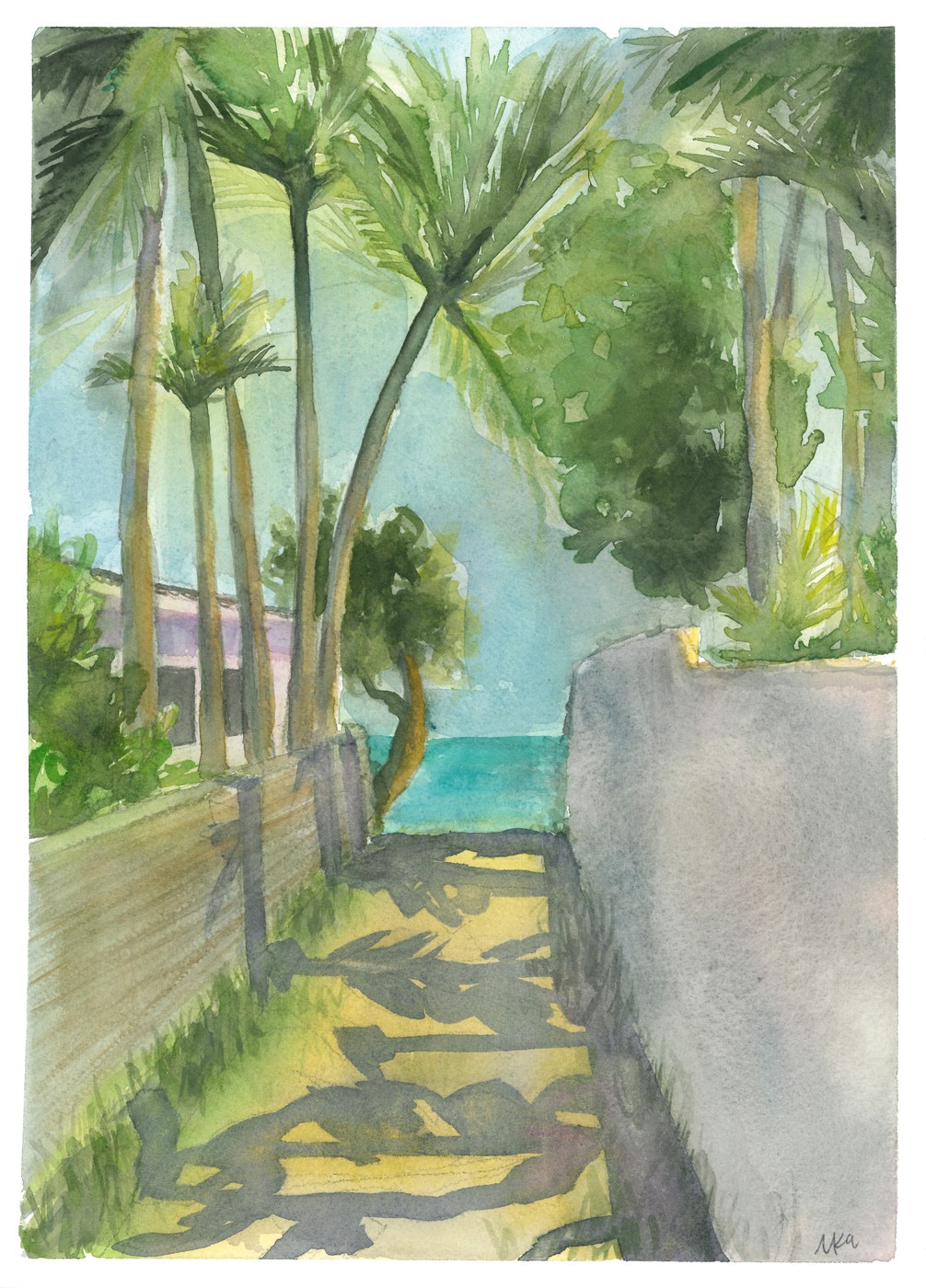 Watercolor of a shaded footpath through palm trees leading to a turquoise beach