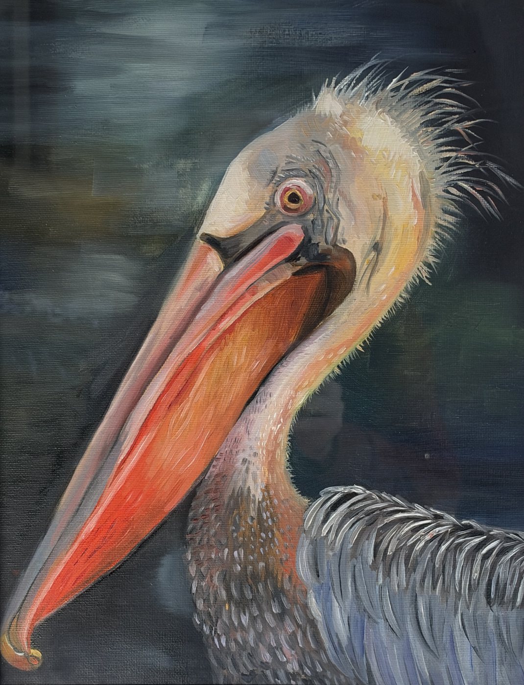 Oil painting of a pelican in profile with a long orange-red bill, a pale feathered crest and blue-gray feathers against a dark teal background