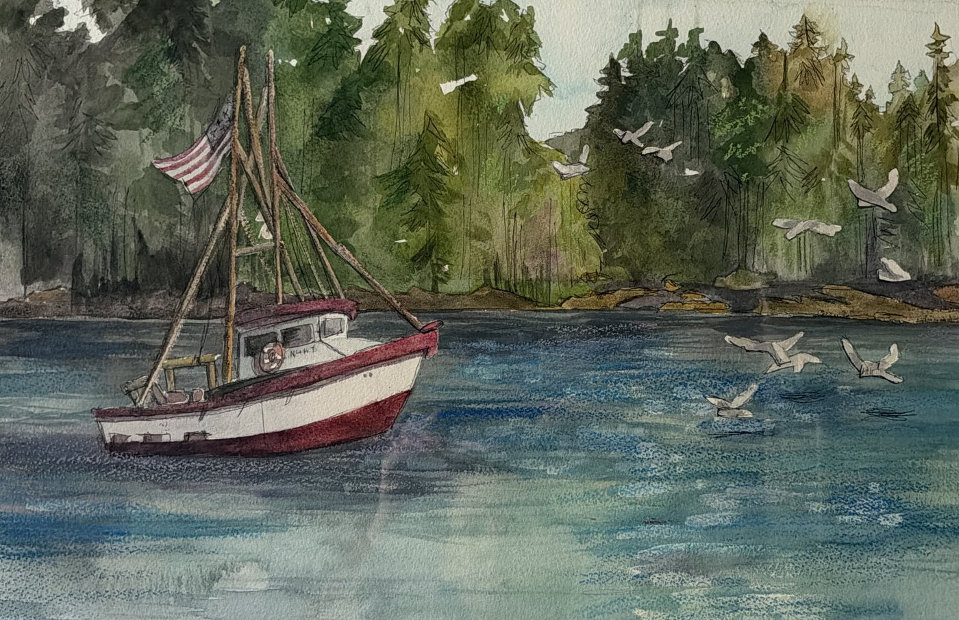 Watercolor and pastel of a red and white fishing boat flying an American flag in a calm blue-green cove, with seagulls and evergreen trees behind