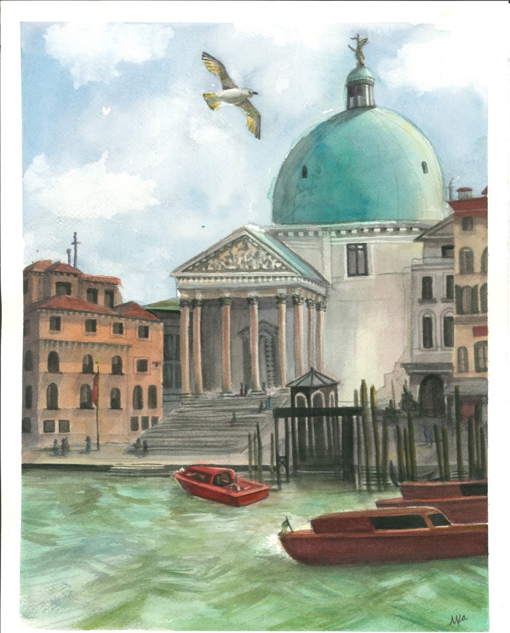 Watercolor of Santa Maria della Salute in Venice, gondolas moored along the canal and a gull overhead