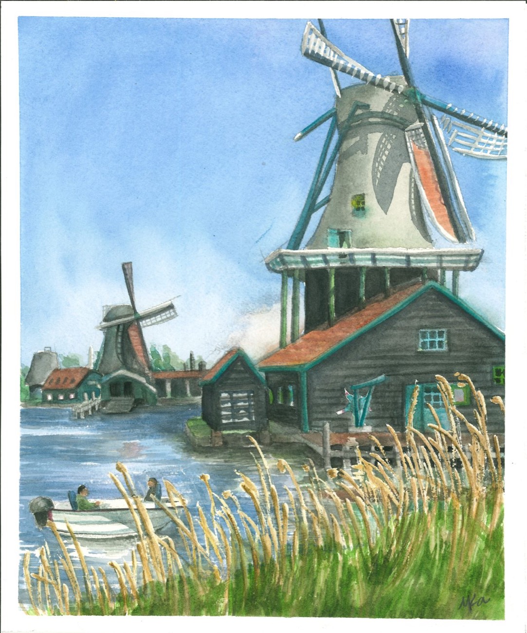 Watercolor of Dutch windmills and green timber houses at Zaanse Schans beside the water